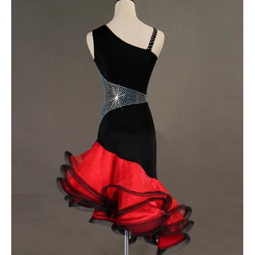 Women black with red competition latin dance dresses with diamond long sleeves inclined one shoulder irregular skirt salsa rumba latin dance costumes for woman